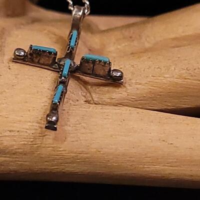 Lot 75: Vintage Native American Sterling & Turquoise Cross and Sterling Necklace