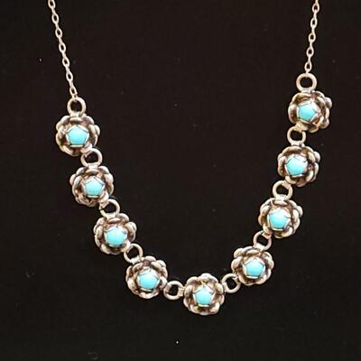 Lot 84: Vintage Native American Sterling & Turquoise Flower Necklace