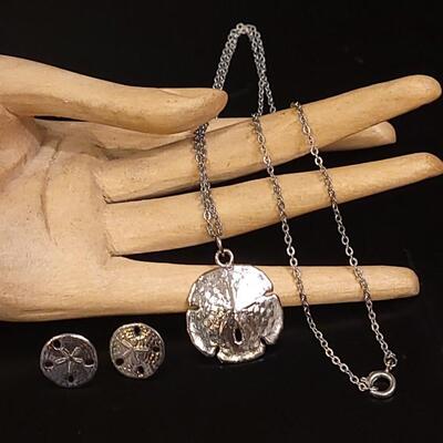 Lot 127: Sterling Sand Dollar Pendant, Necklace & Earrings