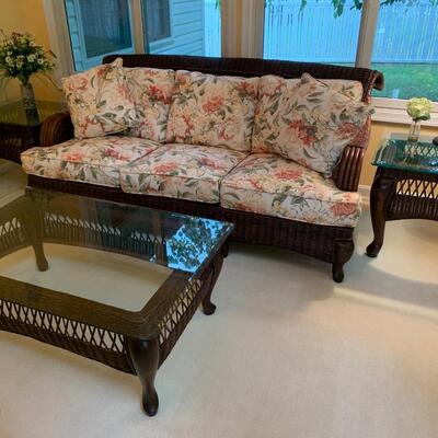Braxton Culler Rattan Wicker Sunroom Set Sofa & Tables