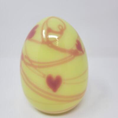 FENTON BURMESE SHINY URANIUM WITH PINK HANGING HEARTS AND VINES EGG-MADE BY FENTON FOR MCMILLEN & HUSBAND