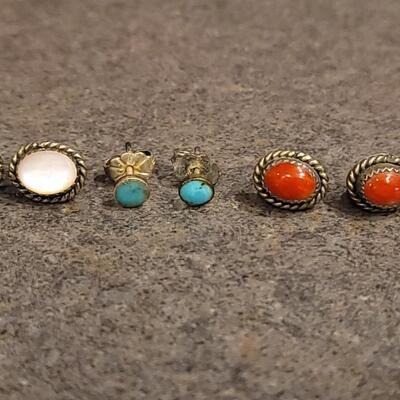 Lot 131: Mother of Pearl, Coral and Turquoise Sterling Earrings