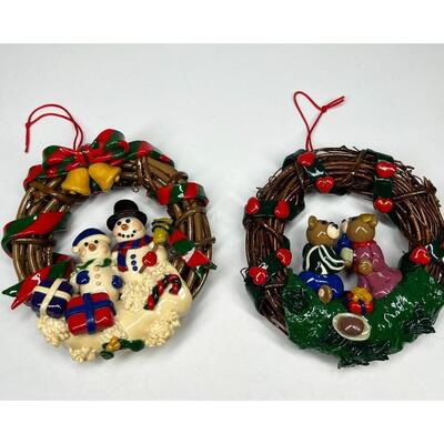 Retro Pair of Glazed Soft Gummy Plastic Resin Snowmen & Bears Holiday Wreath Ornaments