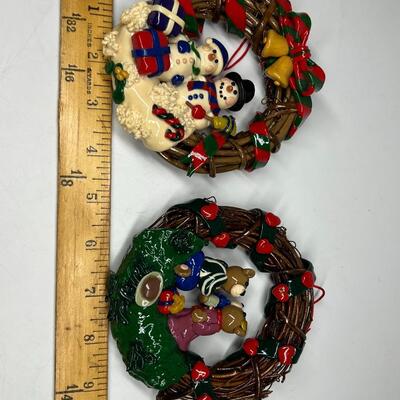 Retro Pair of Glazed Soft Gummy Plastic Resin Snowmen & Bears Holiday Wreath Ornaments