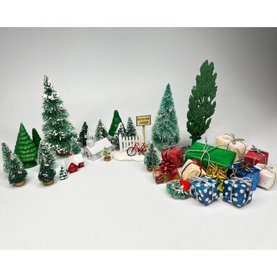 Miniature Snowy Pine Trees Christmas Holiday Buildings & Paper Christmas Presents