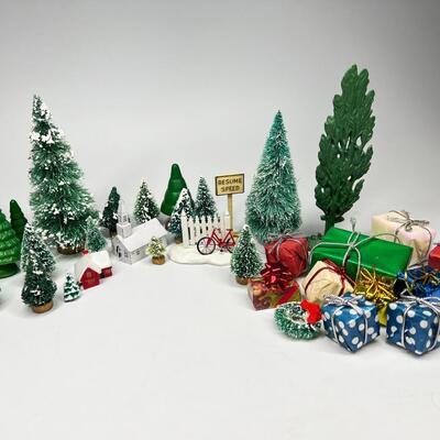 Miniature Snowy Pine Trees Christmas Holiday Buildings & Paper Christmas Presents