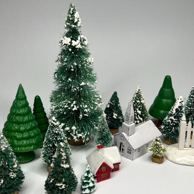 Miniature Snowy Pine Trees Christmas Holiday Buildings & Paper Christmas Presents