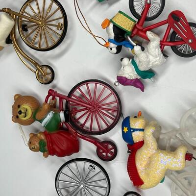 Lot of Christmas Bicycling Bears & Snowman Riding Bikes Holiday Ornaments