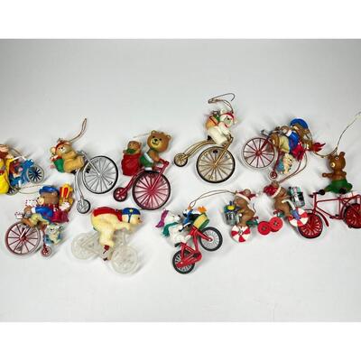 Lot of Christmas Bicycling Bears & Snowman Riding Bikes Holiday Ornaments