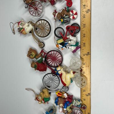 Lot of Christmas Bicycling Bears & Snowman Riding Bikes Holiday Ornaments