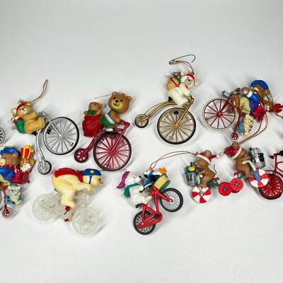 Lot of Christmas Bicycling Bears & Snowman Riding Bikes Holiday Ornaments