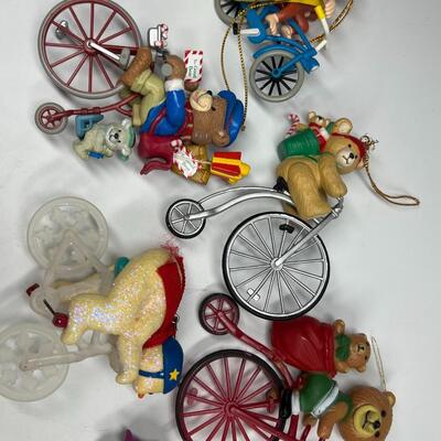 Lot of Christmas Bicycling Bears & Snowman Riding Bikes Holiday Ornaments