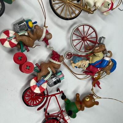 Lot of Christmas Bicycling Bears & Snowman Riding Bikes Holiday Ornaments