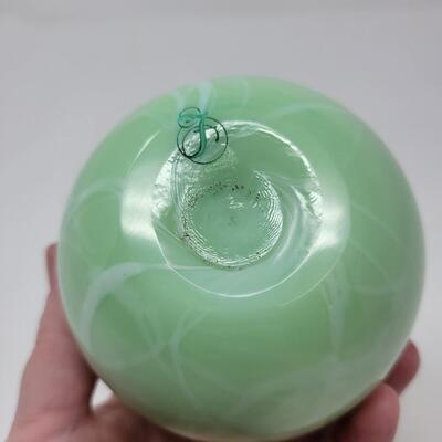 FENTON GREEN SHINY WITH WHITE HANGING HEARTS AND VINES EGG-MADE BY FENTON FOR MCMILLEN & HUSBAND