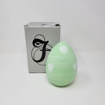 FENTON GREEN SATIN EGG WITH WHITE HANGING HEARTS AND VINES EGG-MADE BY FENTON FOR MCMILLEN & HUSBAND