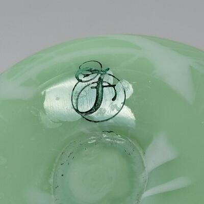 FENTON GREEN SATIN EGG WITH WHITE HANGING HEARTS AND VINES EGG-MADE BY FENTON FOR MCMILLEN & HUSBAND