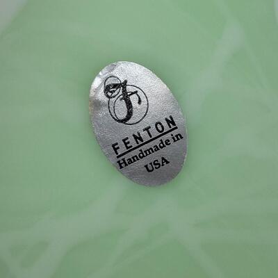 FENTON GREEN SATIN EGG WITH WHITE HANGING HEARTS AND VINES EGG-MADE BY FENTON FOR MCMILLEN & HUSBAND