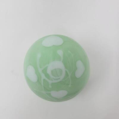FENTON GREEN SATIN EGG WITH WHITE HANGING HEARTS AND VINES EGG-MADE BY FENTON FOR MCMILLEN & HUSBAND