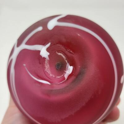 FENTON SATIN CRANBERRY WITH WHITE HANGING HEARTS AND VINES EGG-MADE BY FENTON FOR MCMILLEN & HUSBAND
