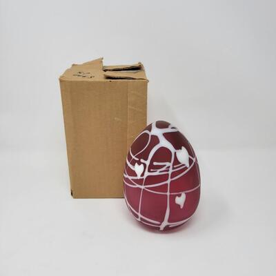 FENTON SATIN CRANBERRY WITH WHITE HANGING HEARTS AND VINES EGG-MADE BY FENTON FOR MCMILLEN & HUSBAND
