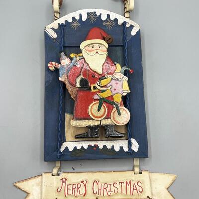Merry Christmas Santa Claus with Toys Tin Metal Hanging Sign