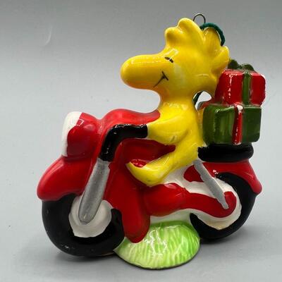 Vintage Ceramic Peanuts Charles M. Schulz Woodstock Riding Motorcycle Made in Japan Christmas Ornament