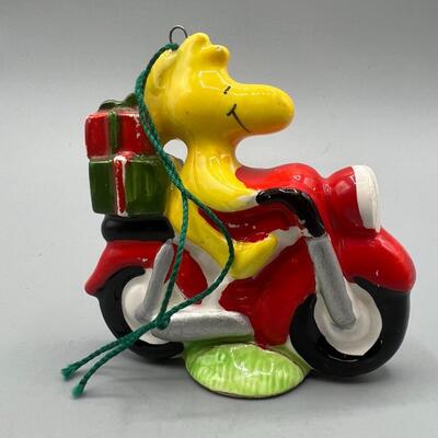 Vintage Ceramic Peanuts Charles M. Schulz Woodstock Riding Motorcycle Made in Japan Christmas Ornament