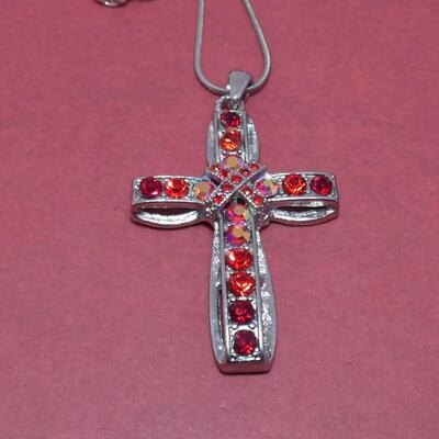Silver Tone Ruby Red Cross Pendant Necklace