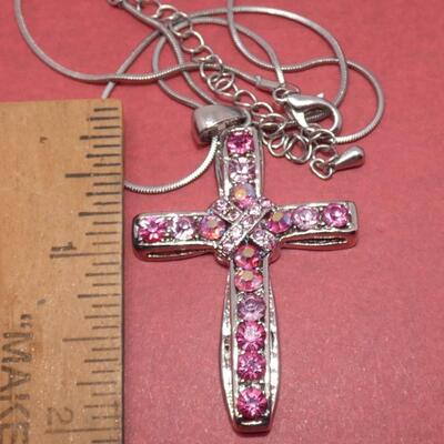 Silver Tone Pink Rhinestone Pendant Cross Necklace