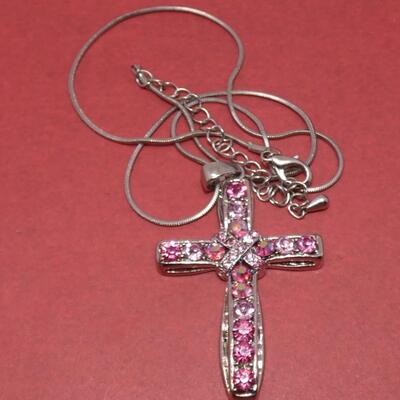 Silver Tone Pink Rhinestone Pendant Cross Necklace