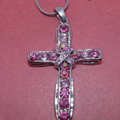 Silver Tone Pink Rhinestone Pendant Cross Necklace