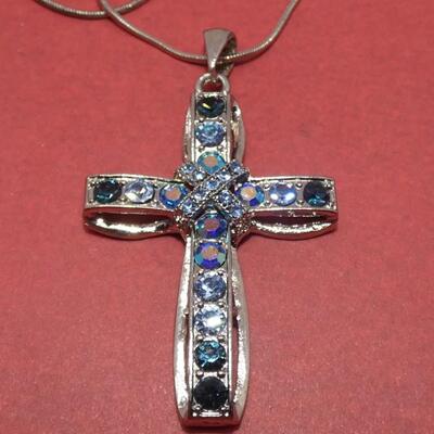 Silver Tone Blue Rhinestone Necklace Pendant Cross