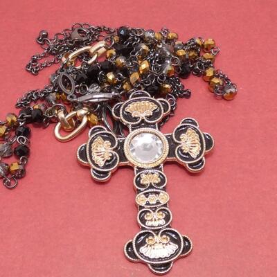 Gold Tone Black Beaded Statement Cross Necklace