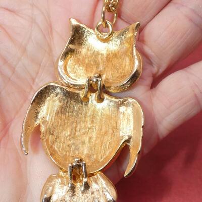 Mid Century Gold Tone Owl Necklace - Halloween Owl