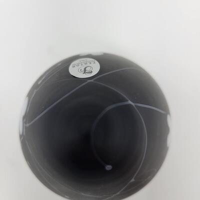 FENTON BLACK SATIN WITH WHITE HANGING HEARTS AND VINES EGG-MADE BY FENTON FOR MCMILLEN & HUSBAND