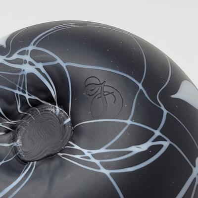 FENTON BLACK SATIN WITH WHITE HANGING HEARTS AND VINES EGG-MADE BY FENTON FOR MCMILLEN & HUSBAND