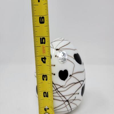 FENTON WHITE SHINY WITH BLACK HANGING HEARTS AND VINES EGG-MADE BY FENTON FOR MCMILLEN & HUSBAND