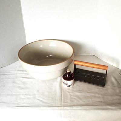 LARGE CLAY BOWL-CLAY JUG AND CASTIRON BACON PRESS