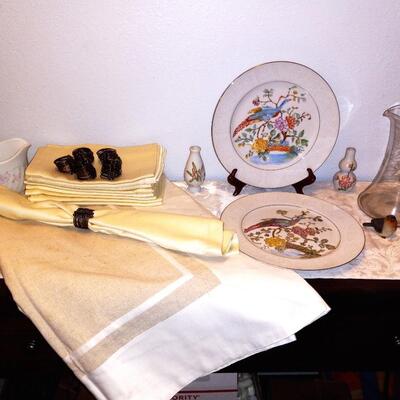 NICE LINEN TABLECLOTH & CLOTH NAPKINS-ASIAN PLATES AND MORE