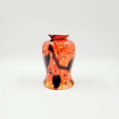 FENTON MADE BY DAVE FETTY OFFHAND ORANGE/ RED WITH BLACK HANGING HEARTS AND VINES VASE 2011- MADE AT FENTON'S COLLECTIBLES