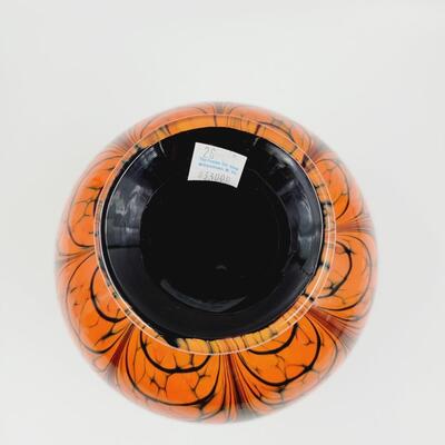 FENTON BY DAVE FETTY ORANGE AND BLACK FEATHER VASE 2007