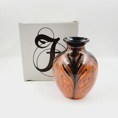 FENTON BY FRANK WORKMAN ORANGE AND BLACK PULLED FEATHER VASE SIGNED 2007