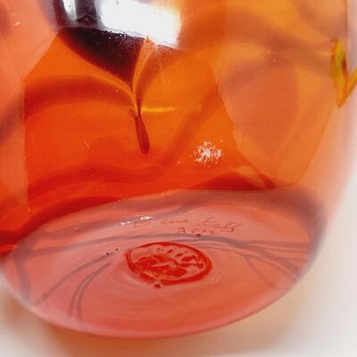 2013 FENTON COLLECTABLES "DAVE FETTY" SIGNED RED ORANGE W/ BLACK HEART VASE - 1 OF A KIND