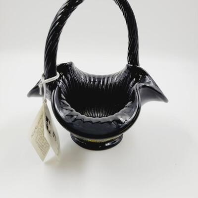 2006 FENTON - GARY LEVAY - SIGNED BLACK PARADISE BASKET WITH HAND PAINTED OCEAN SCENE