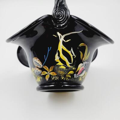2006 FENTON - GARY LEVAY - SIGNED BLACK PARADISE BASKET WITH HAND PAINTED OCEAN SCENE
