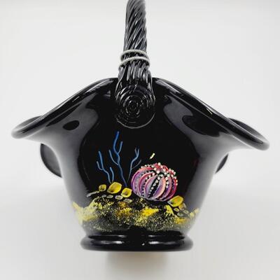 2006 FENTON - GARY LEVAY - SIGNED BLACK PARADISE BASKET WITH HAND PAINTED OCEAN SCENE