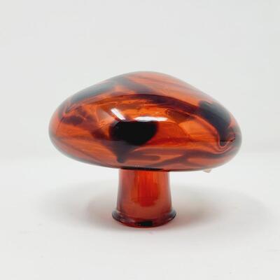 FENTON "OFF HAND" - DAVE FETTY SIGNED - ORANGE & BLACK HANGING HEARTS GLASS  MUSHROOM