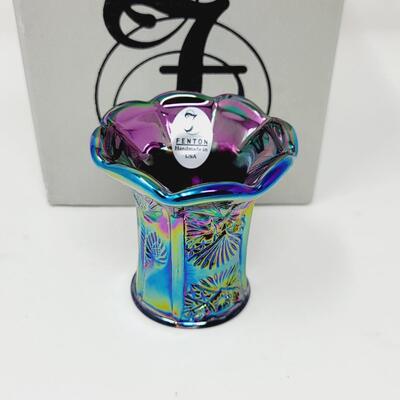 FENTON AMETHYST CARNIVAL ART GLASS TOOTH PICK HOLDER W/ ORIGINAL BOX