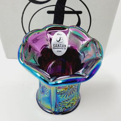 FENTON AMETHYST CARNIVAL ART GLASS TOOTH PICK HOLDER W/ ORIGINAL BOX
