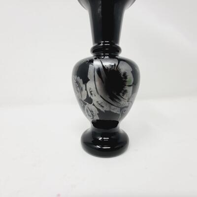 VINTAGE FENTON HAND PAINTED SILVER POPPIES BLACK GLASS BUD VASE - SIGNED